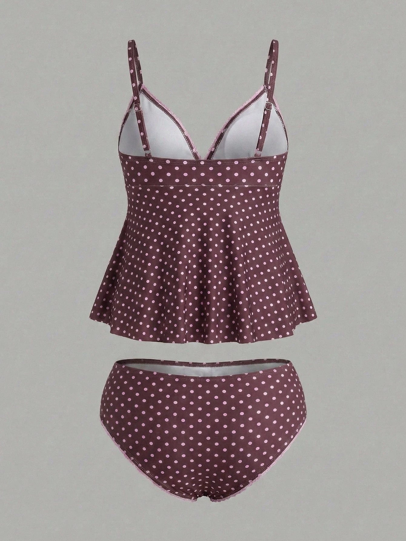 Sweetra CURVE Plus Size Women's Polka Dot Print Deep V-Neck Ruffle Top Paired With Regular Trousers, Flattering Silhouette Beach Atmosphere Women's Swimwear Set