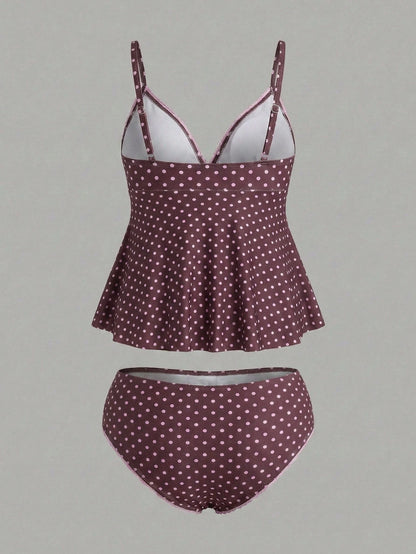 Sweetra CURVE Plus Size Women's Polka Dot Print Deep V-Neck Ruffle Top Paired With Regular Trousers, Flattering Silhouette Beach Atmosphere Women's Swimwear Set