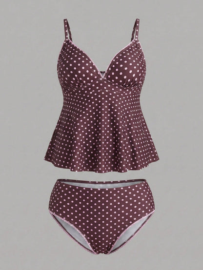 Sweetra CURVE Plus Size Women's Polka Dot Print Deep V-Neck Ruffle Top Paired With Regular Trousers, Flattering Silhouette Beach Atmosphere Women's Swimwear Set