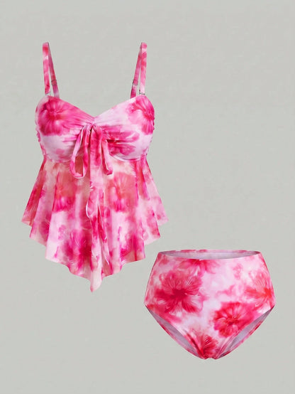 Sweetra CURVE Plus Size Women Summer Beach Floral Print Knotted Front Tankini Swimsuit Set Vacation Pink