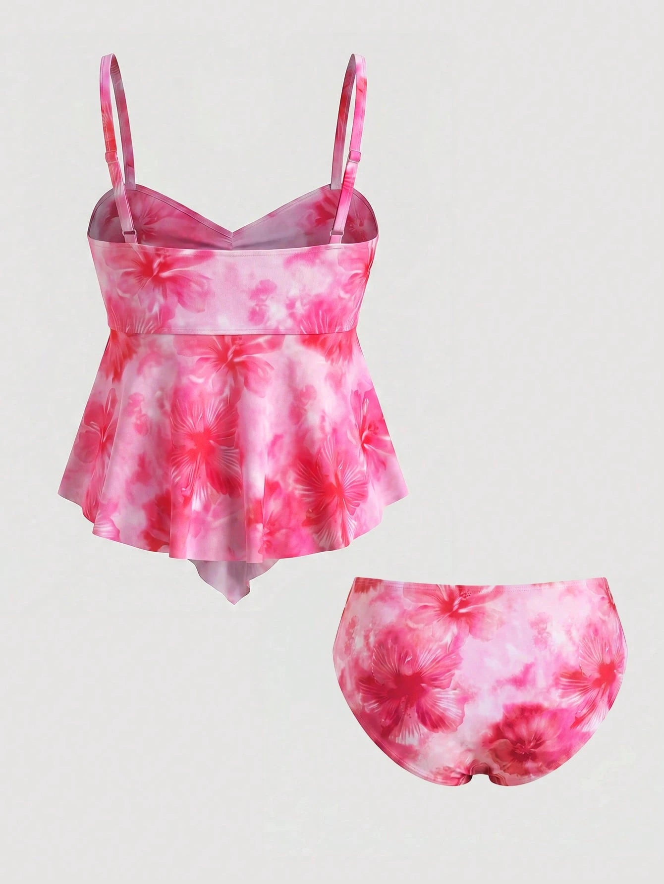 Sweetra CURVE Plus Size Women Summer Beach Floral Print Knotted Front Tankini Swimsuit Set Vacation Pink