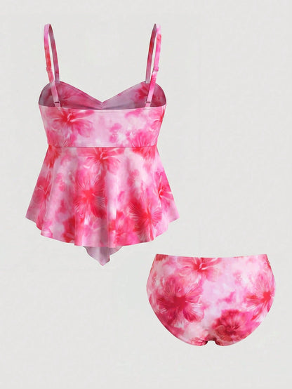 Sweetra CURVE Plus Size Women Summer Beach Floral Print Knotted Front Tankini Swimsuit Set Vacation Pink