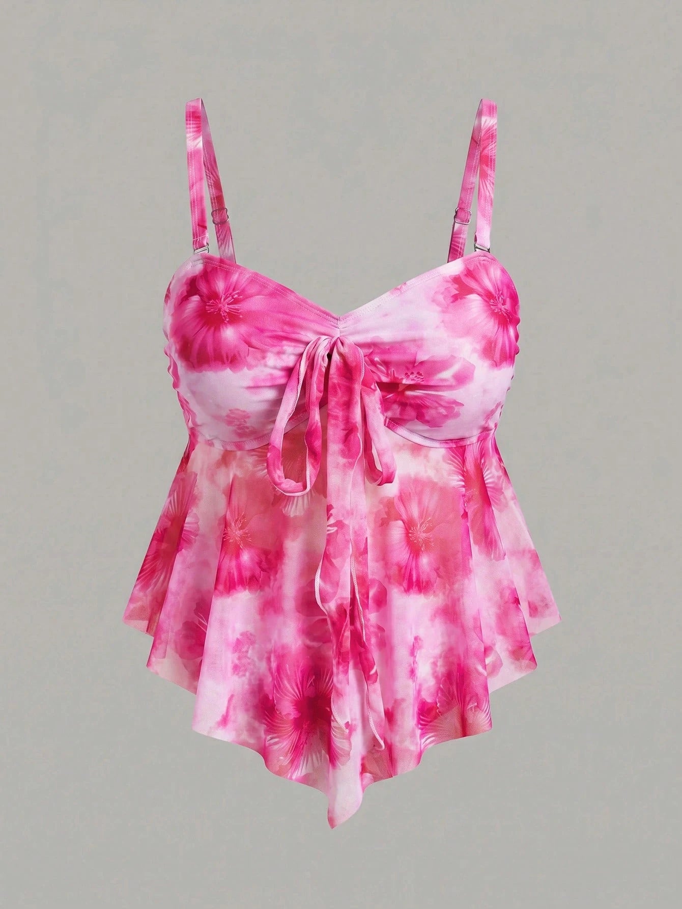 Sweetra CURVE Plus Size Women Summer Beach Floral Print Knotted Front Tankini Swimsuit Set Vacation Pink