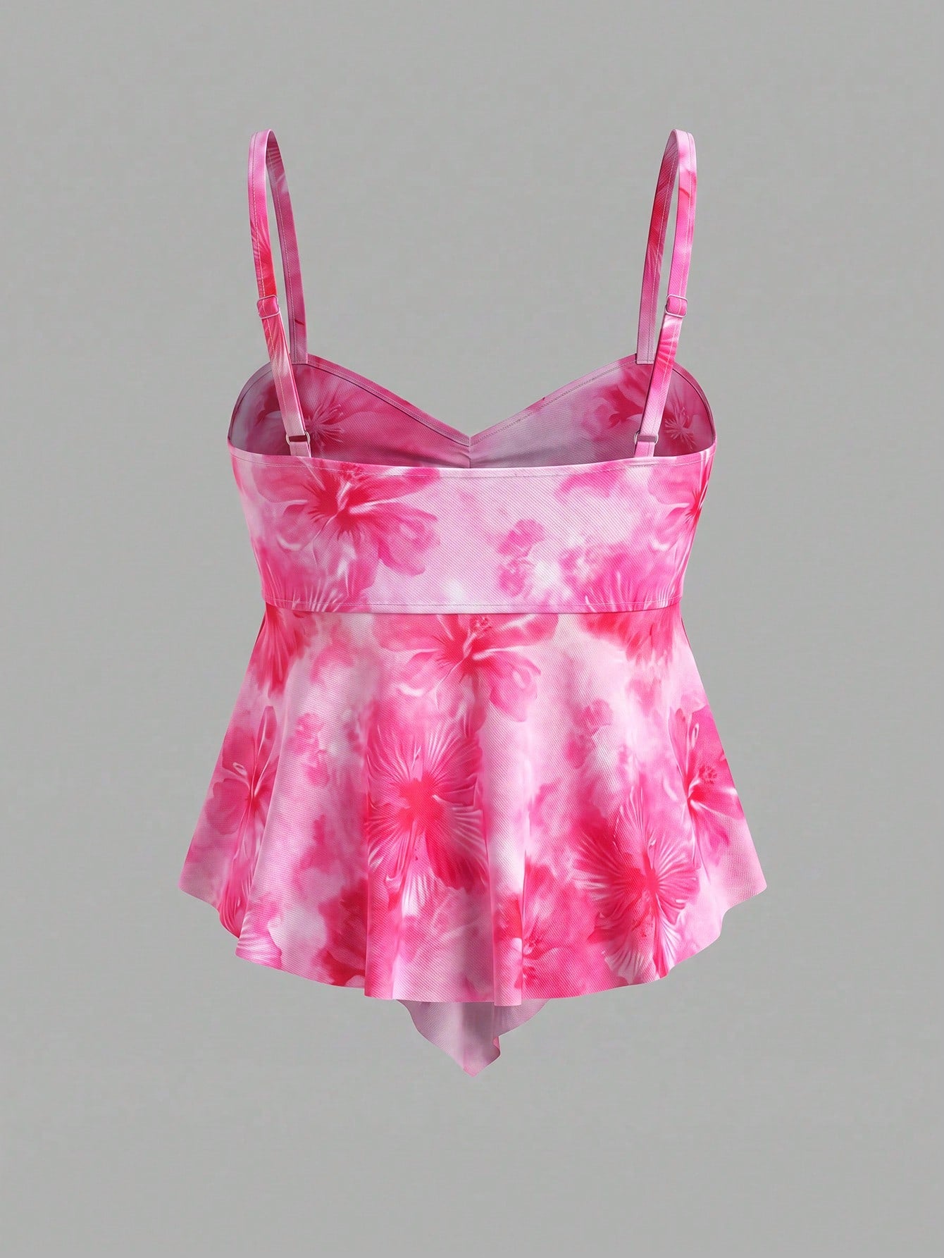 Sweetra CURVE Plus Size Women Summer Beach Floral Print Knotted Front Tankini Swimsuit Set Vacation Pink