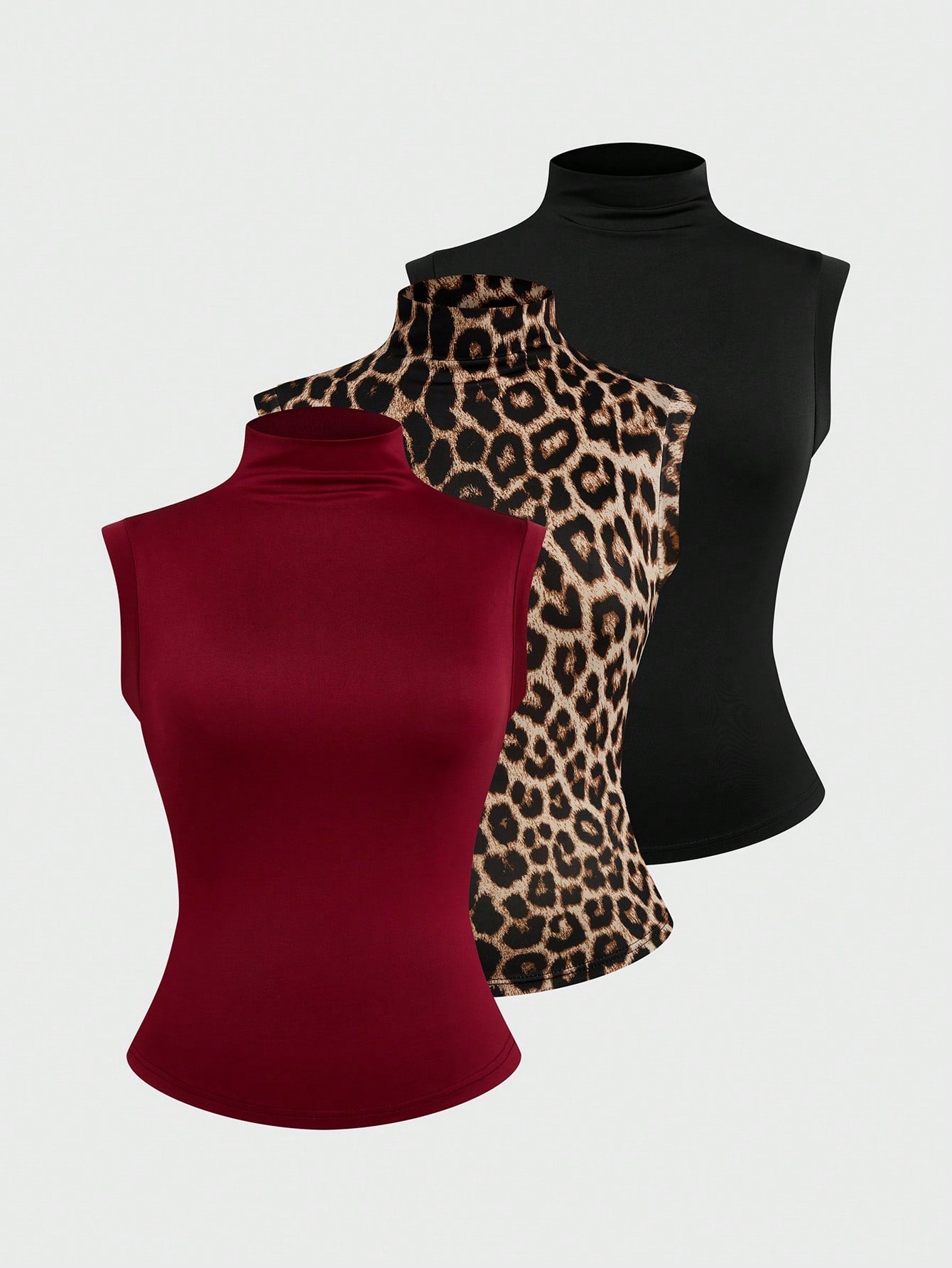 Sweetra Plus Size Camisole 3 Pieces Set, Mock Neck 3 Pieces Set, Multi-Color 3 Pieces Set