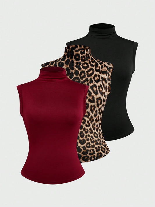 Sweetra Plus Size Camisole 3 Pieces Set, Mock Neck 3 Pieces Set, Multi-Color 3 Pieces Set