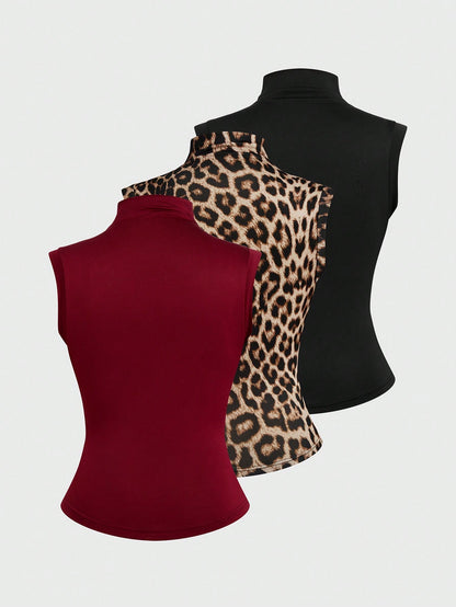 Sweetra Plus Size Camisole 3 Pieces Set, Mock Neck 3 Pieces Set, Multi-Color 3 Pieces Set
