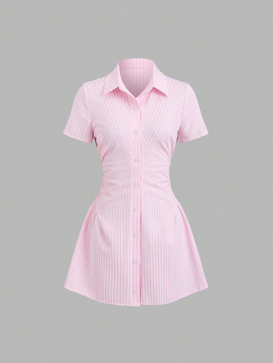 Sweetra Sweet & Fresh Pink Short Sleeve Shirt Dress, Slimming Waist Design, Elegant Lady Shirtdress, Summer New Arrival