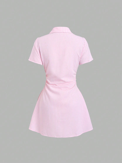 Sweetra Sweet & Fresh Pink Short Sleeve Shirt Dress, Slimming Waist Design, Elegant Lady Shirtdress, Summer New Arrival