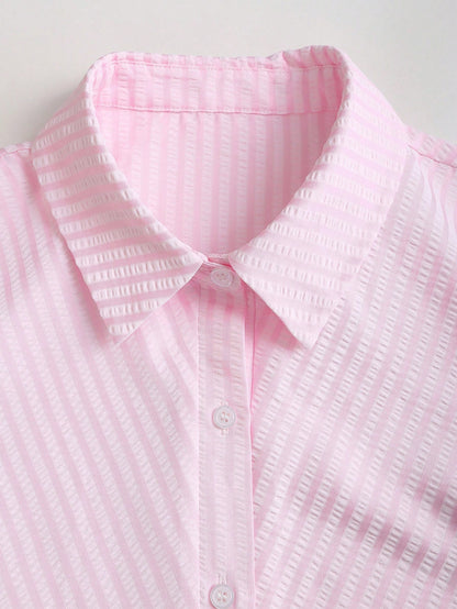 Sweetra Sweet & Fresh Pink Short Sleeve Shirt Dress, Slimming Waist Design, Elegant Lady Shirtdress, Summer New Arrival