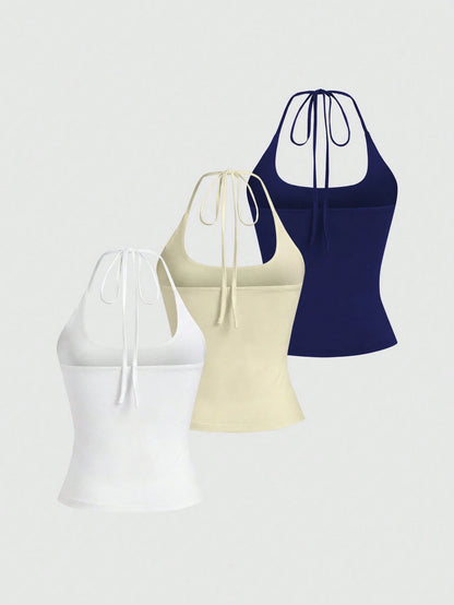 Sweetra Women's European And American Fashion Casual New Summer Slimming Halter Neck Elegant Backless Commuter Casual Fitness Versatile 3-Piece Set Top