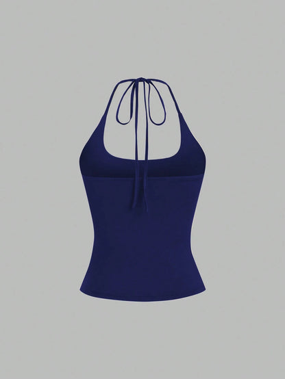 Sweetra Women's European And American Fashion Casual New Summer Slimming Halter Neck Elegant Backless Commuter Casual Fitness Versatile 3-Piece Set Top