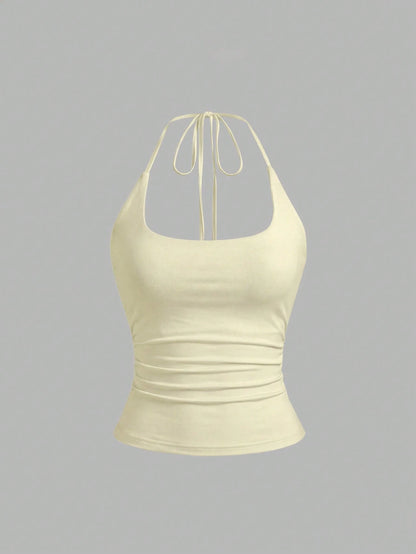 Sweetra Women's European And American Fashion Casual New Summer Slimming Halter Neck Elegant Backless Commuter Casual Fitness Versatile 3-Piece Set Top