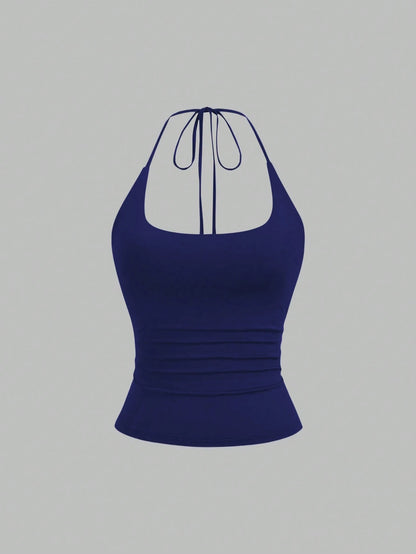 Sweetra Women's European And American Fashion Casual New Summer Slimming Halter Neck Elegant Backless Commuter Casual Fitness Versatile 3-Piece Set Top