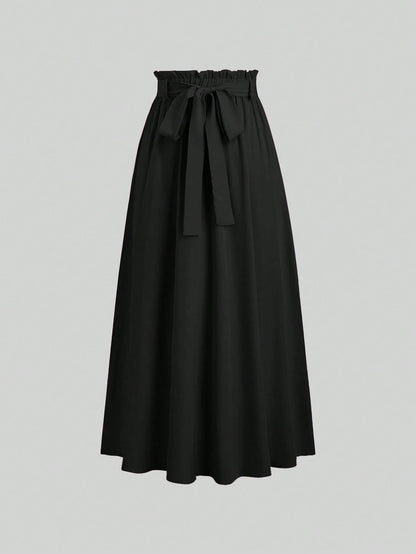 Sweetra Women's Solid Color Elastic Waist Knotted Long Casual Skirt
