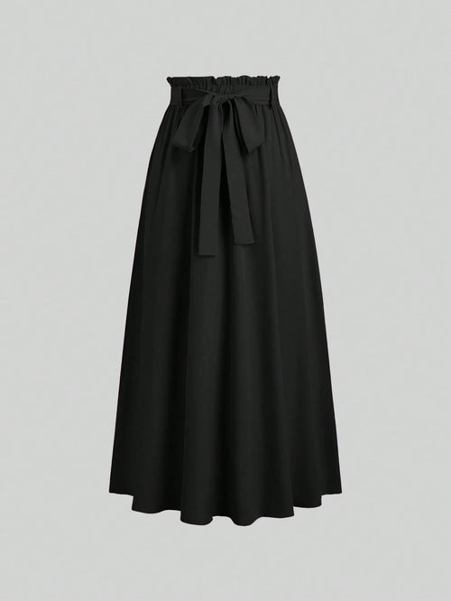 Sweetra Women's Solid Color Elastic Waist Knotted Long Casual Skirt