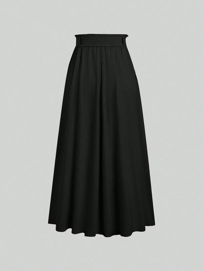 Sweetra Women's Solid Color Elastic Waist Knotted Long Casual Skirt