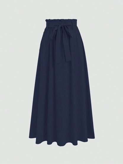 Sweetra Women's Solid Color Elastic Waist Knotted Long Casual Skirt