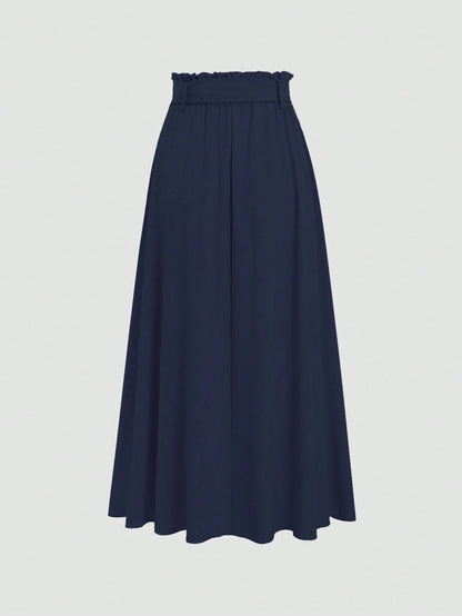 Sweetra Women's Solid Color Elastic Waist Knotted Long Casual Skirt