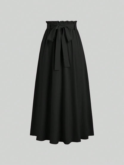 Sweetra Women's Solid Color Elastic Waist Knotted Long Casual Skirt