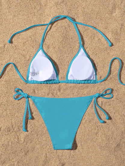 Swim Basics Summer Beach Halter Triangle Tie Side Bikini Set
