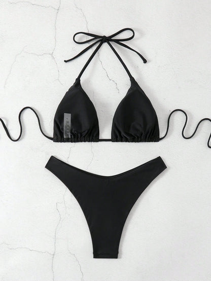 Swim Basics V-Neck Halter Bikini Set, Two Pieces Swimwear Bathing Suit Beach Outfit Summer Vacation,Summer Beach