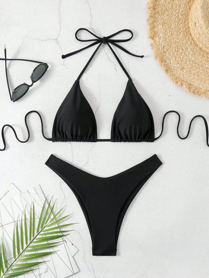 Swim Basics V-Neck Halter Bikini Set, Two Pieces Swimwear Bathing Suit Beach Outfit Summer Vacation,Summer Beach