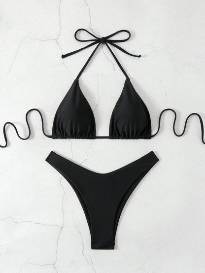 Swim Basics V-Neck Halter Bikini Set, Two Pieces Swimwear Bathing Suit Beach Outfit Summer Vacation,Summer Beach
