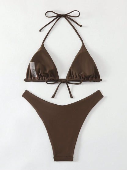Swim Basics V-Neck Halter Bikini Set, Two Pieces Swimwear Bathing Suit Beach Outfit Summer Vacation,Summer Beach