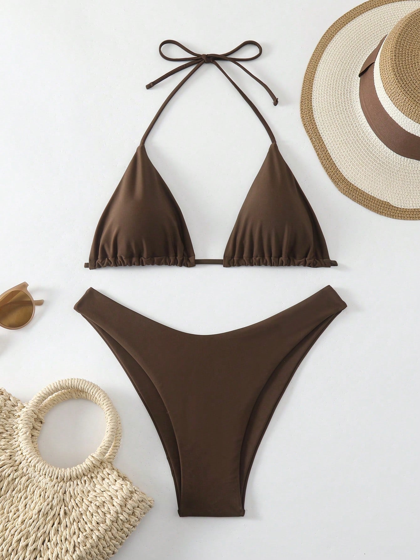 Swim Basics V-Neck Halter Bikini Set, Two Pieces Swimwear Bathing Suit Beach Outfit Summer Vacation,Summer Beach