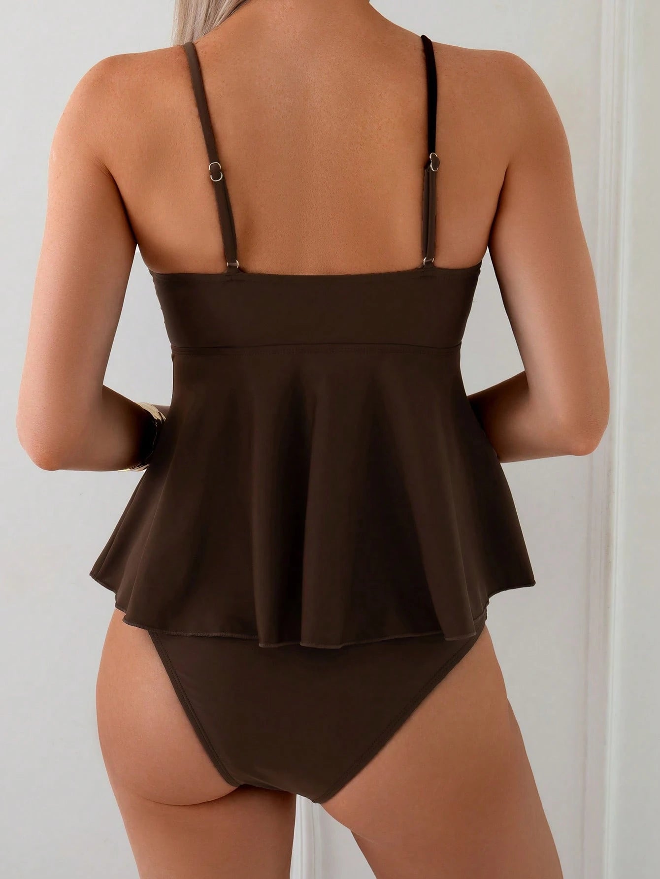 Swim Basics Women's 2 Pieces Elegant Vacation Shell Metal Beaded Tankini Swimwear Set, Khaki, Beach Outfit