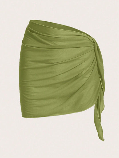 Swim Chiccia Ladies Solid Color Simple Pleated Cover Up,Summer Beach