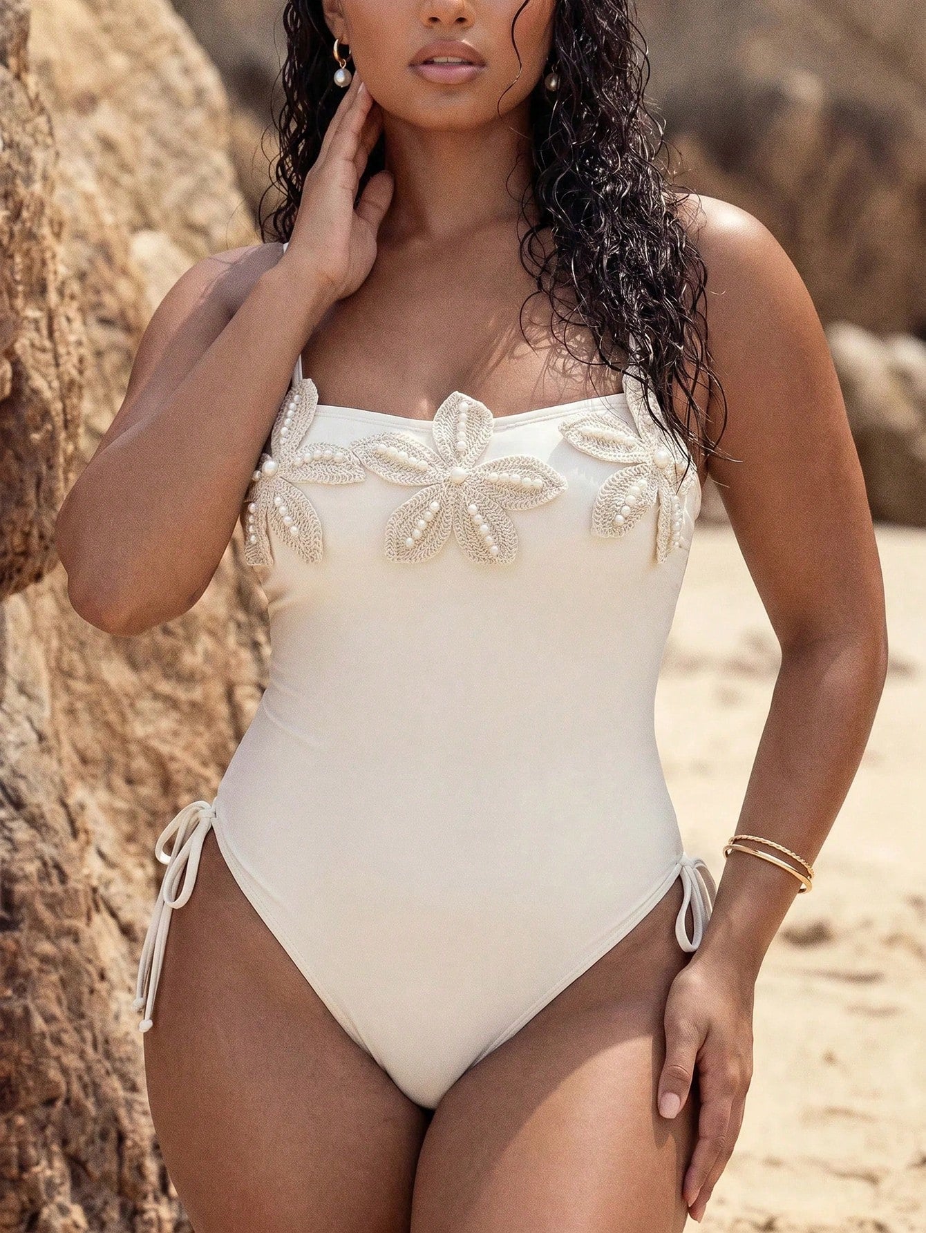 Swim Chiccia Plus Size Women's Vacation 3D Floral Decor Spaghetti Strap One-Piece Swimsuit