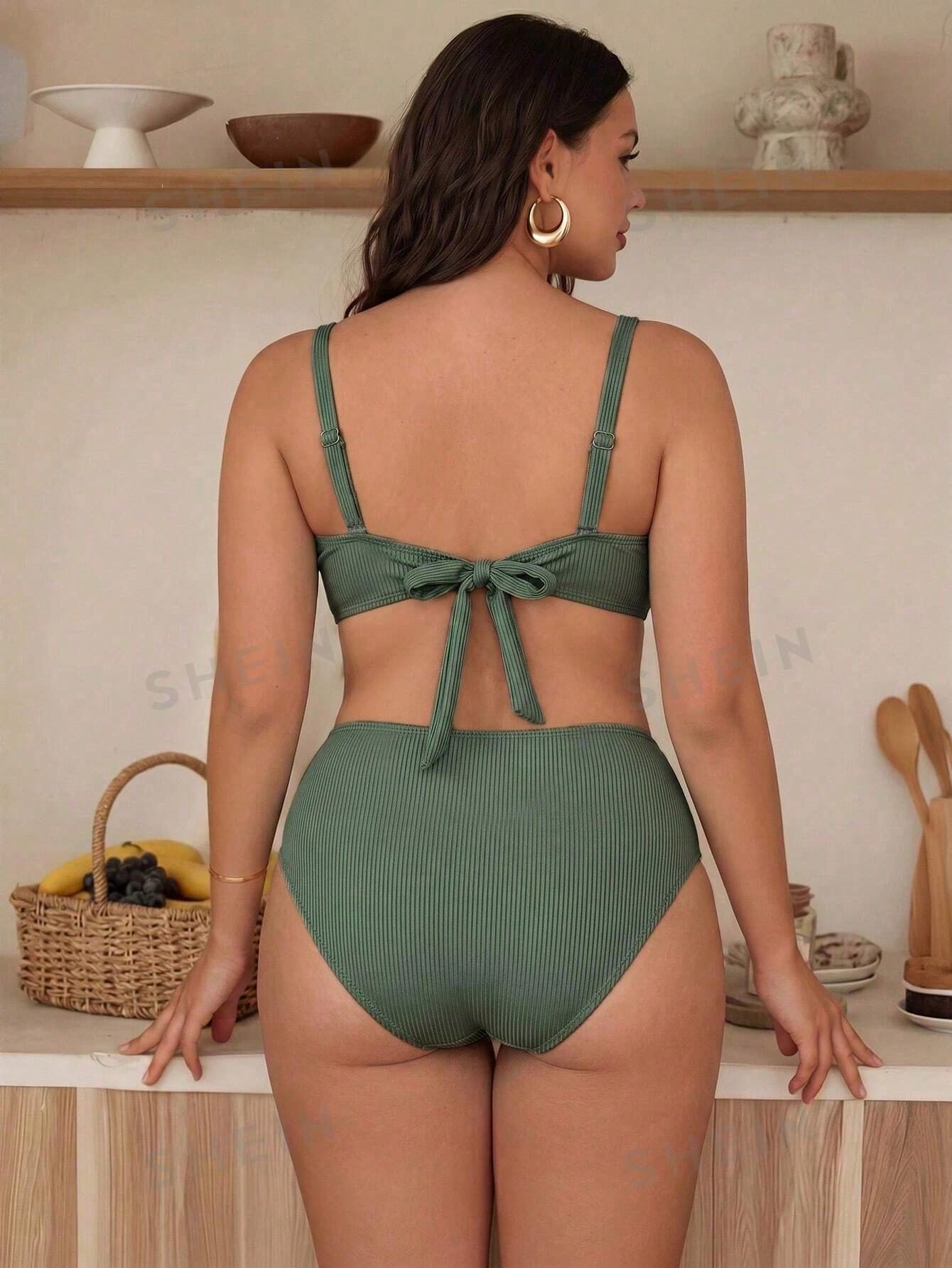 Swim Chiccia Sage Green Summer Elegant Beach Vacation Holiday Women Chiccia 2-Piece Bikini Set,Solid Color Textured Side Ruched Deep V-Neck Plus Size Swimwear