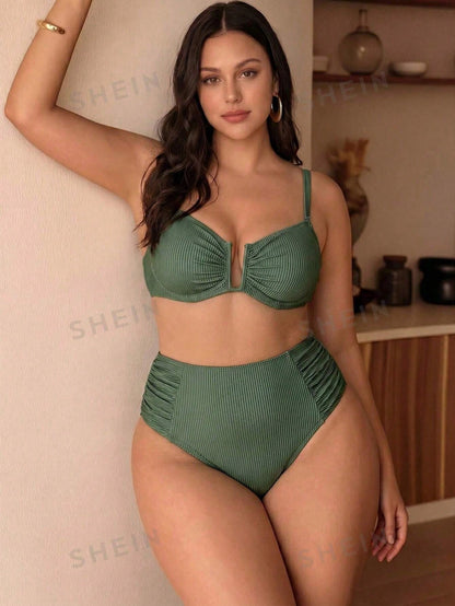 Swim Chiccia Sage Green Summer Elegant Beach Vacation Holiday Women Chiccia 2-Piece Bikini Set,Solid Color Textured Side Ruched Deep V-Neck Plus Size Swimwear