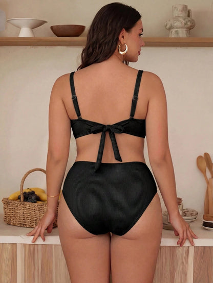 Swim Chiccia Sage Green Summer Elegant Beach Vacation Holiday Women Chiccia 2-Piece Bikini Set,Solid Color Textured Side Ruched Deep V-Neck Plus Size Swimwear