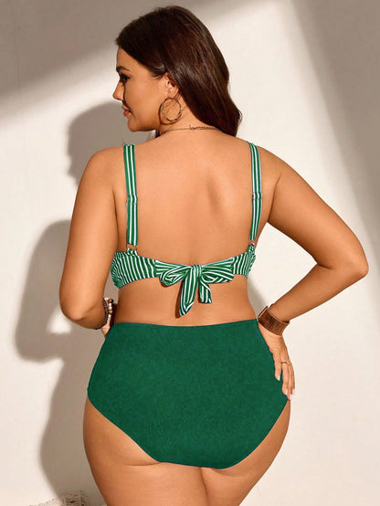 Swim Curve Plus Size Women Striped Print Beach Holiday Push-Up Bikini 2 Pieces Swimwear Set For Summer Beach Vacation
