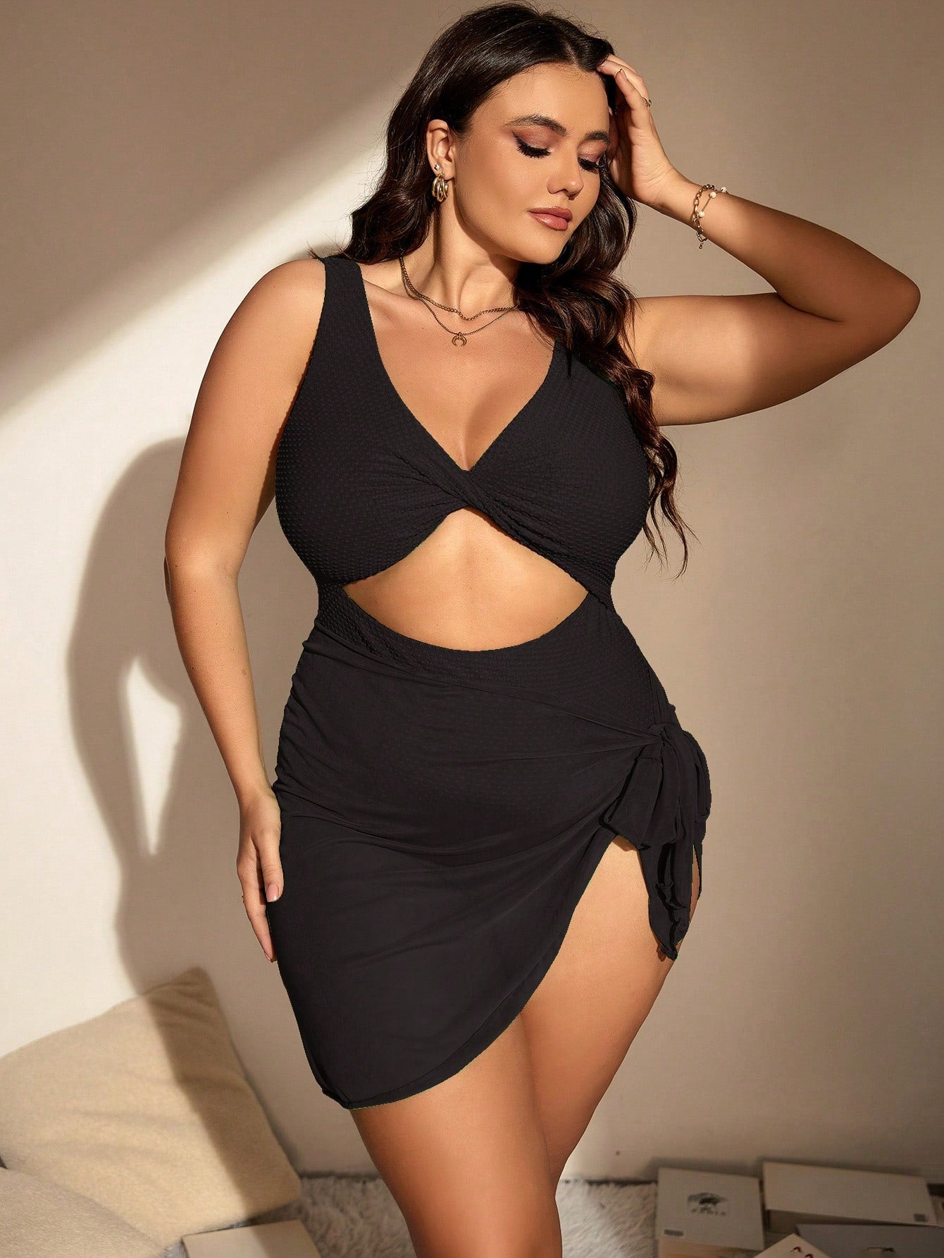 Swim Curve Summer Beach Plus Cut Out One Piece Swimsuit With Beach Skirt