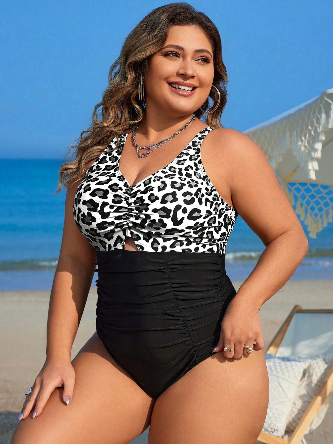Swim Lushoire 2025 Plus Size Women 1pc Leopard Print Contrast Color Fashionable Casual Holiday Camisole One-Piece Swimsuit For Summer Beach Vacation