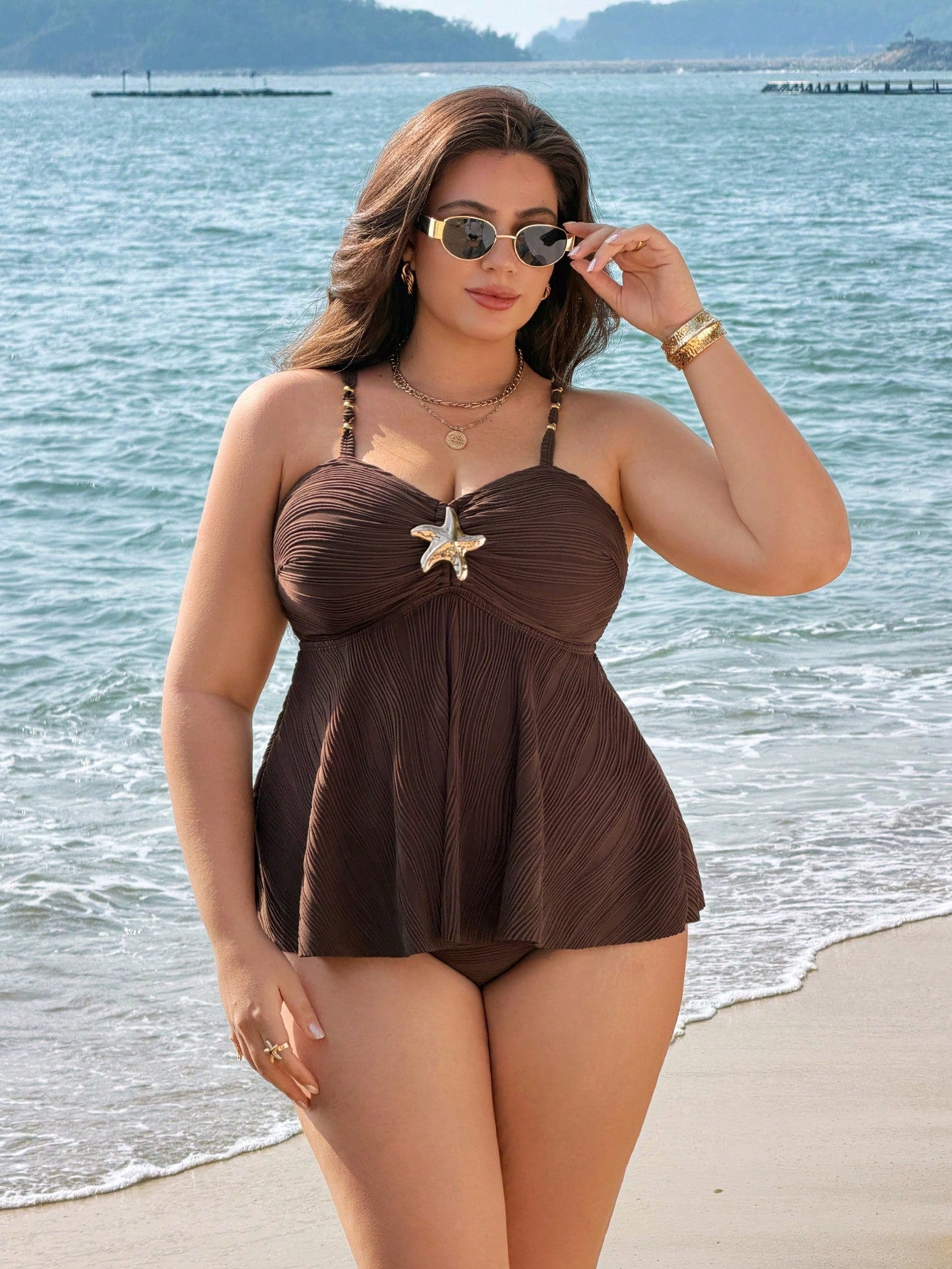 Swim Lushoire 2026 New Metal Decor Ruched Front Tummy Control Plus Size Spaghetti Strap Beach Swimsuit For Women