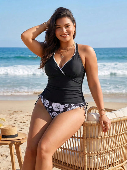 Swim Lushoire 2026 New Summer Plus Size Women Floral Trim Tankini Swimsuit Set,Black Floral Casual Beach Holiday Tulum Pool Vacation Party