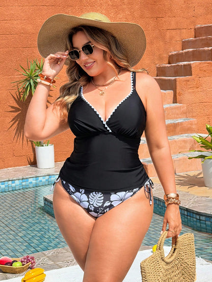 Swim Lushoire 2026 New Summer Plus Size Women Floral Trim Tankini Swimsuit Set,Black Floral Casual Beach Holiday Tulum Pool Vacation Party