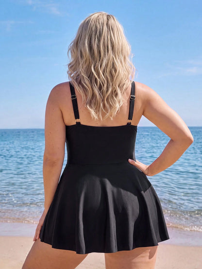 Swim Lushoire 2026 New Women's Plus Size Leopard Print Bandeau Swim Dress With Adjustable Shoulder Straps, Ruched Bust And Abdomen, Triangle Bikini Bottom With Outer Skirt, Elegant Fashionable Beach V