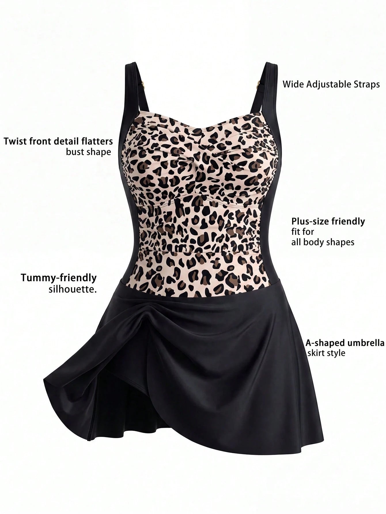 Swim Lushoire 2026 New Women's Plus Size Leopard Print Bandeau Swim Dress With Adjustable Shoulder Straps, Ruched Bust And Abdomen, Triangle Bikini Bottom With Outer Skirt, Elegant Fashionable Beach V