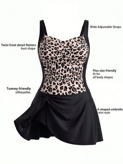Swim Lushoire 2026 New Women's Plus Size Leopard Print Bandeau Swim Dress With Adjustable Shoulder Straps, Ruched Bust And Abdomen, Triangle Bikini Bottom With Outer Skirt, Elegant Fashionable Beach V
