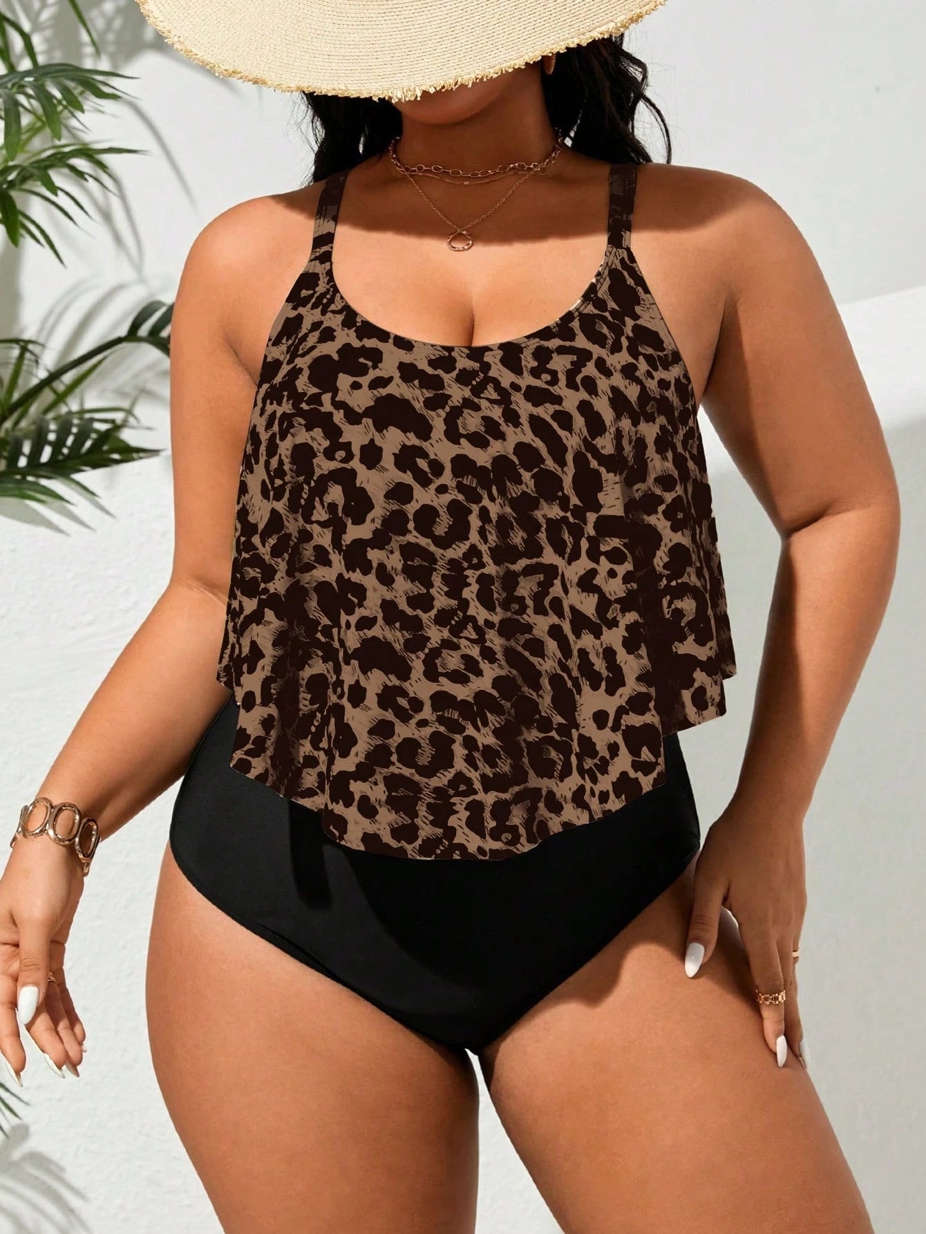 Swim Lushoire 2026 Plus Size Women Leopard Print Fashion Spaghetti Strap One-Piece Swimsuit