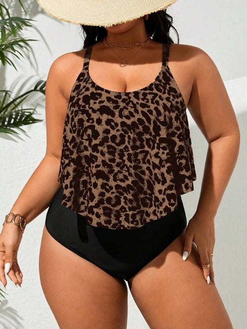 Swim Lushoire 2026 Plus Size Women Leopard Print Fashion Spaghetti Strap One-Piece Swimsuit