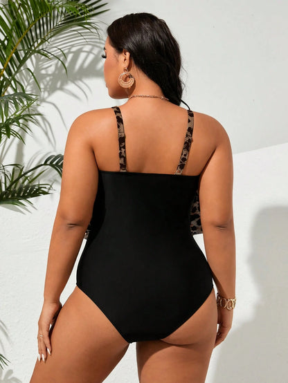 Swim Lushoire 2026 Plus Size Women Leopard Print Fashion Spaghetti Strap One-Piece Swimsuit