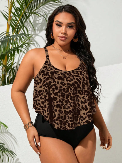 Swim Lushoire 2026 Plus Size Women Leopard Print Fashion Spaghetti Strap One-Piece Swimsuit