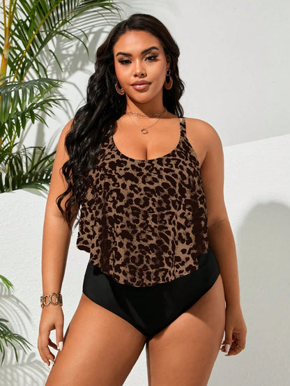 Swim Lushoire 2026 Plus Size Women Leopard Print Fashion Spaghetti Strap One-Piece Swimsuit